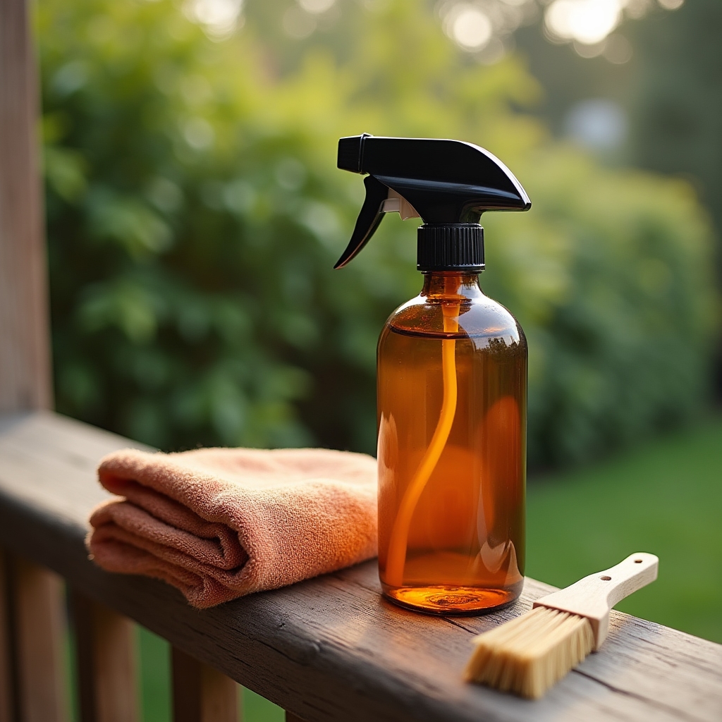 Bottle of biodegradable cleaning solution next to a spray applicator on a wooden surface
