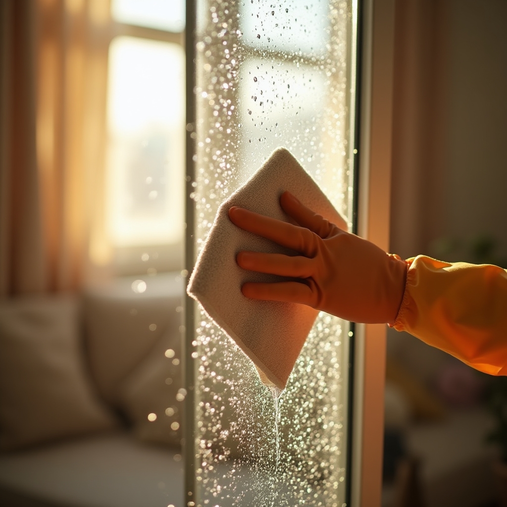 Close view of a cloth wiping a window pane clean, water beading on the glass