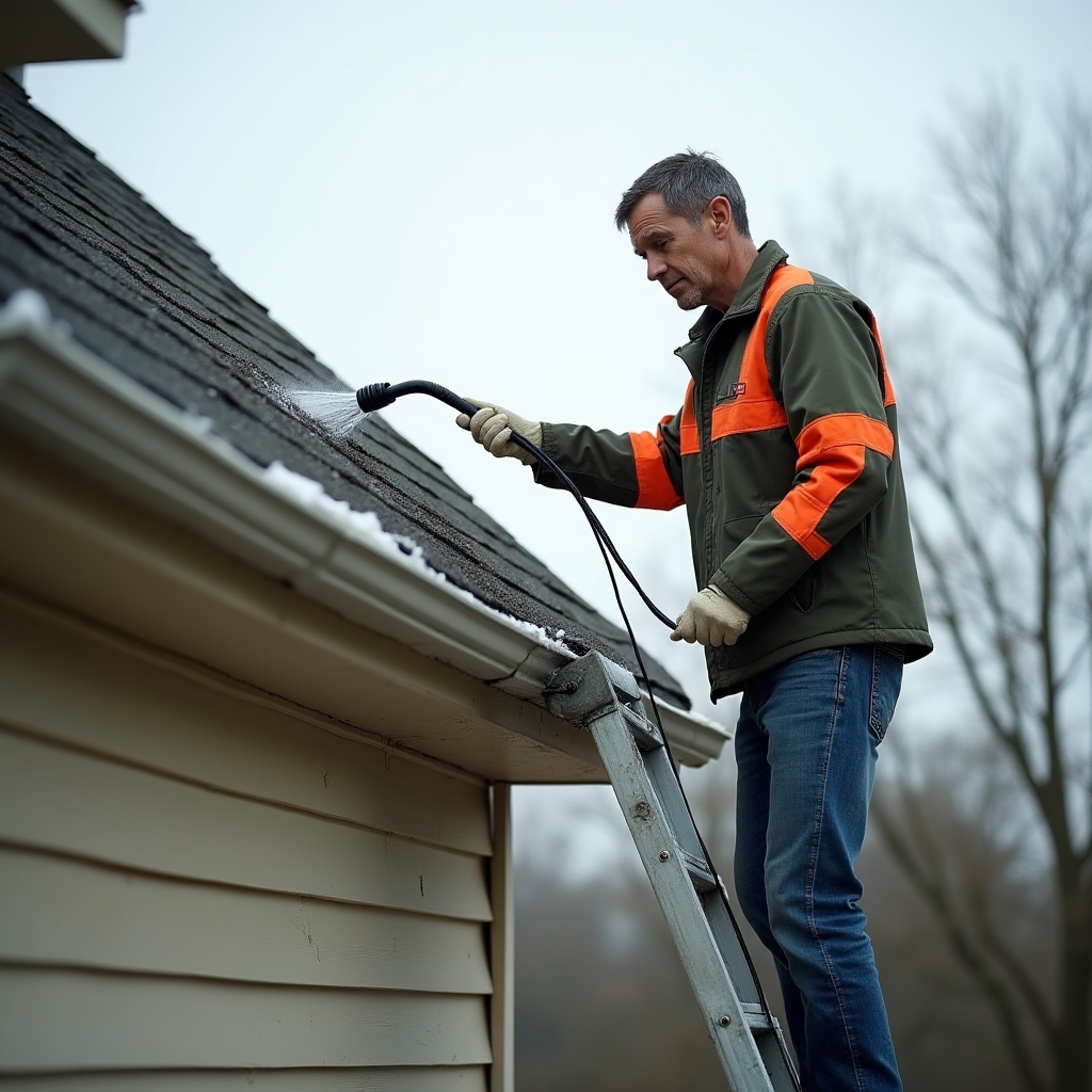 Technician on a ladder soft washing a gutter line along a roof edge